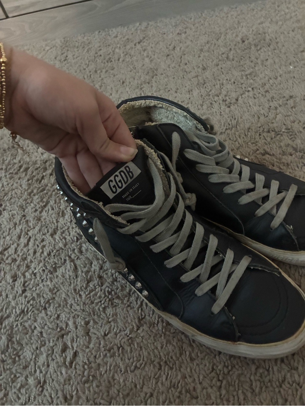 Golden Goose Black Studded High-Top Sneakers with Cream Soles - Picture 2 of 3